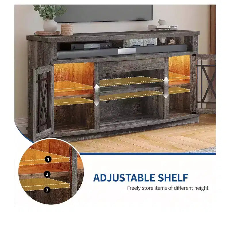 TV Stand with LED Lights for TVs up to 70 inch, Entertainment Center Media Console Cabinet with Glass Door for Living Room