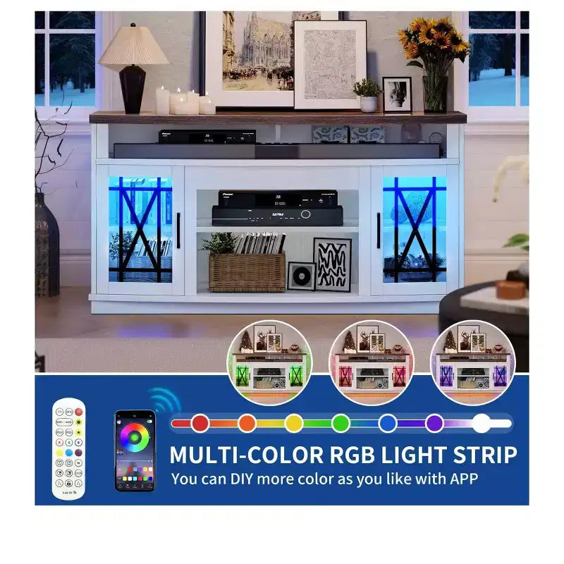 TV Stand with LED Lights for TVs up to 70 inch, Entertainment Center Media Console Cabinet with Glass Door for Living Room