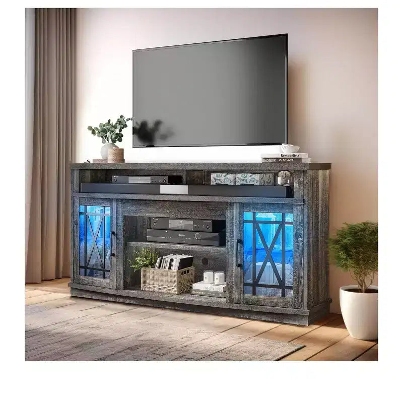 TV Stand with LED Lights for TVs up to 70 inch, Entertainment Center Media Console Cabinet with Glass Door for Living Room