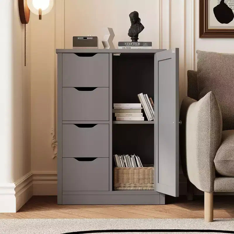 Celebalcony Multipurpose Bathroom Floor Cabinet, Freestanding Storage Organizer with 4 Drawers & Single Door, Adjustable Shelf, for Home Office