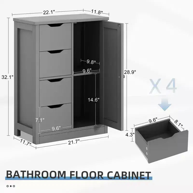 Celebalcony Multipurpose Bathroom Floor Cabinet, Freestanding Storage Organizer with 4 Drawers & Single Door, Adjustable Shelf, for Home Office