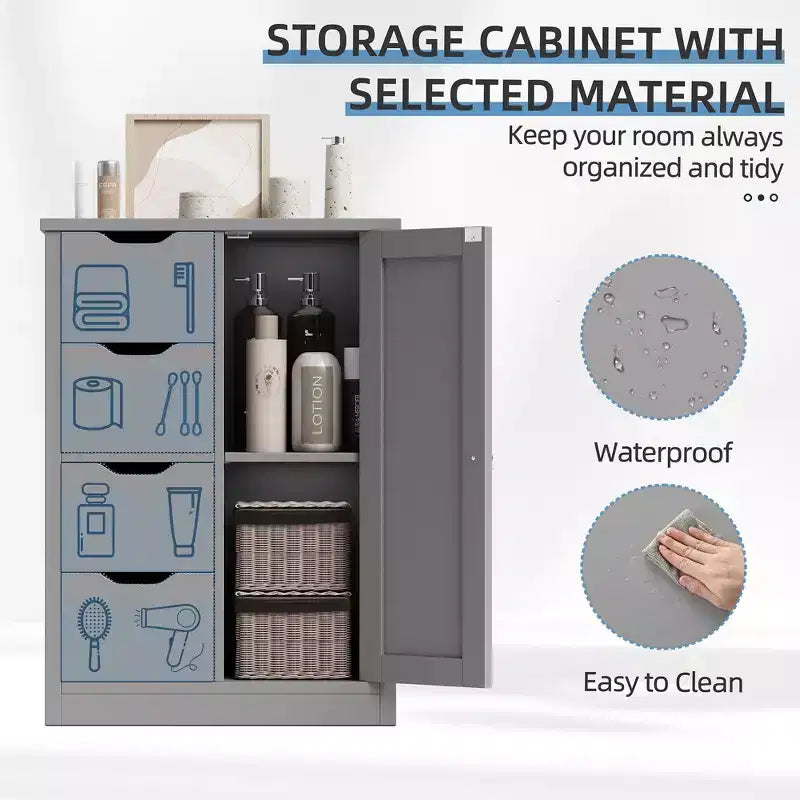 Celebalcony Multipurpose Bathroom Floor Cabinet, Freestanding Storage Organizer with 4 Drawers & Single Door, Adjustable Shelf, for Home Office