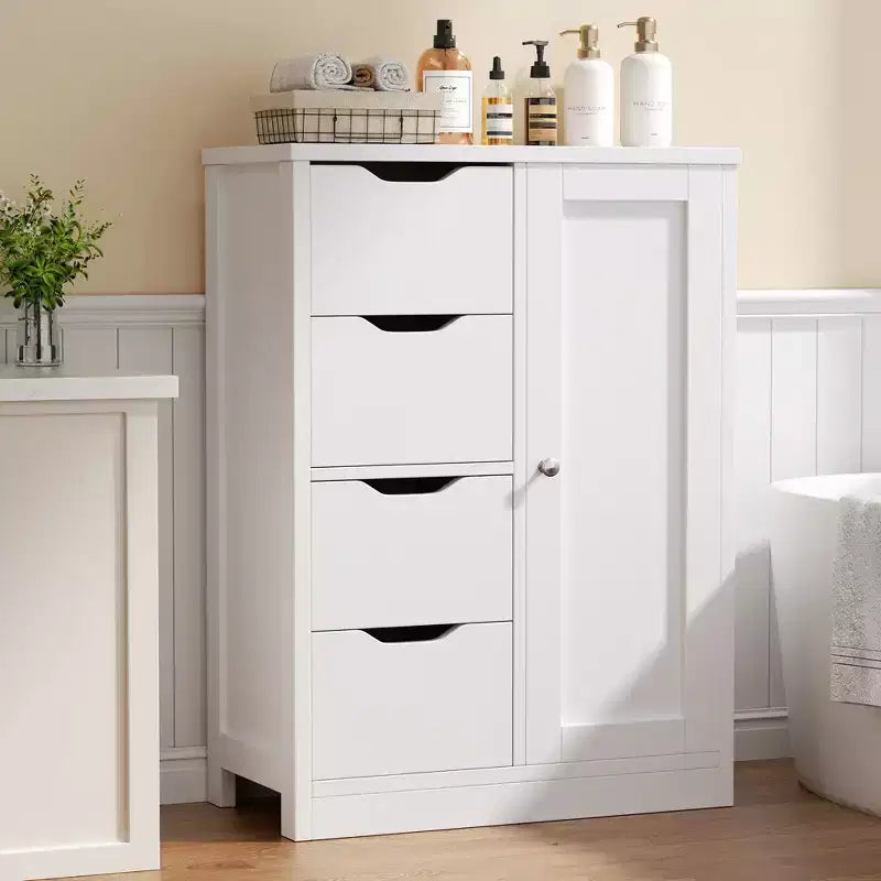 Celebalcony Multipurpose Bathroom Floor Cabinet, Freestanding Storage Organizer with 4 Drawers & Single Door, Adjustable Shelf, for Home Office