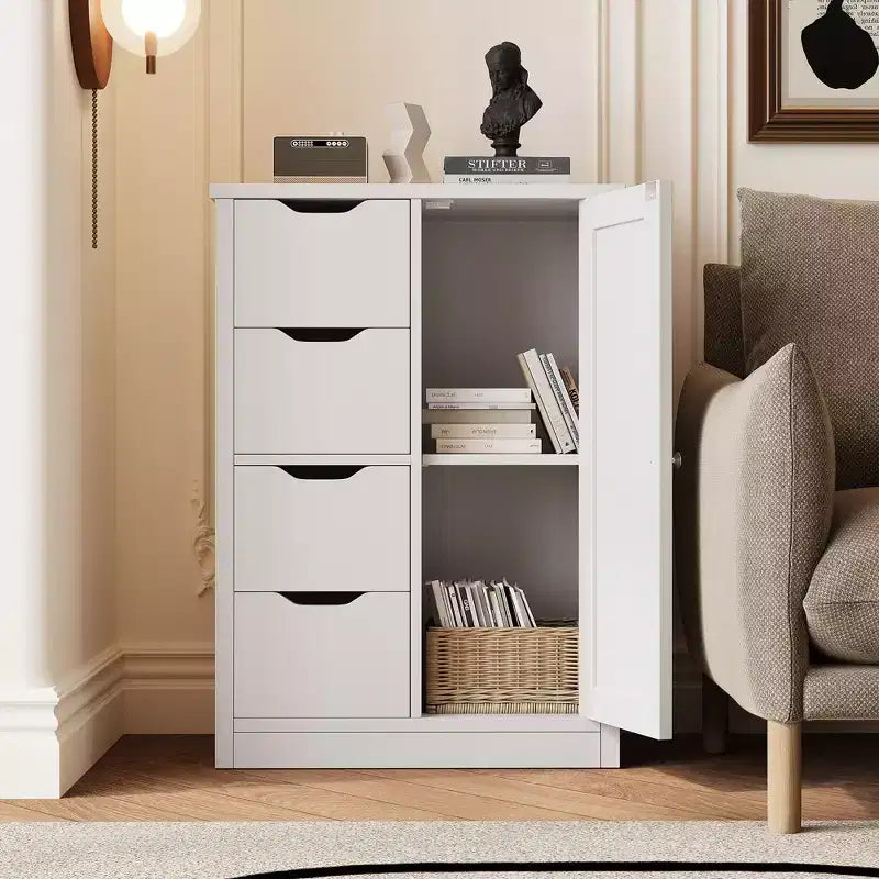 Celebalcony Multipurpose Bathroom Floor Cabinet, Freestanding Storage Organizer with 4 Drawers & Single Door, Adjustable Shelf, for Home Office