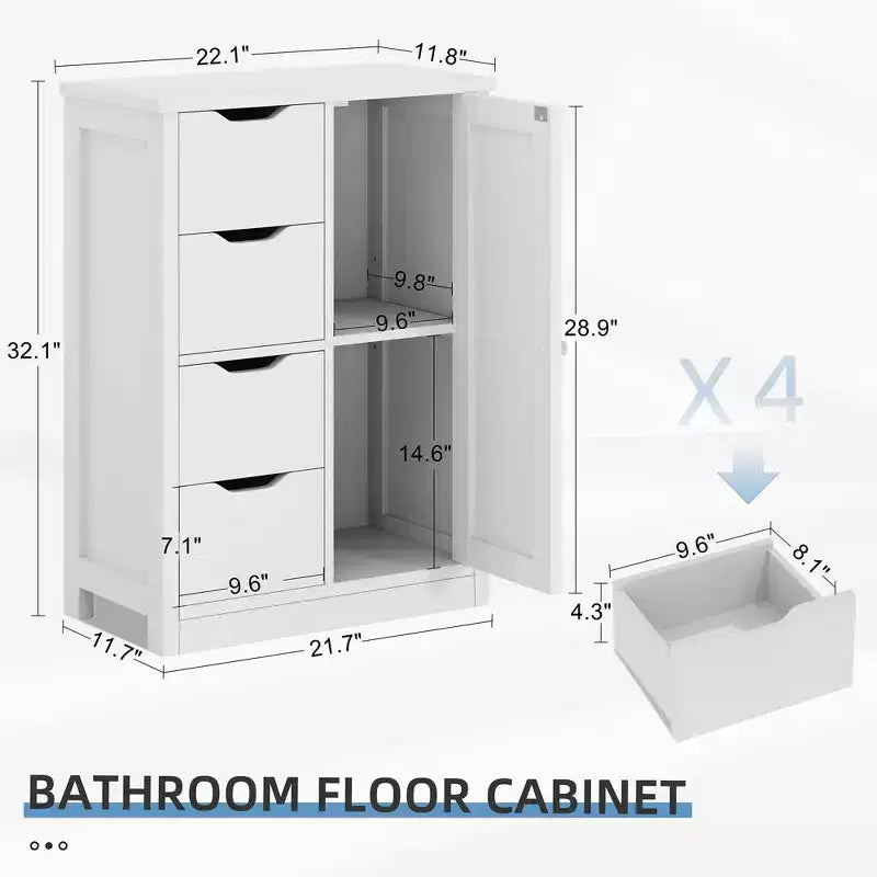 Celebalcony Multipurpose Bathroom Floor Cabinet, Freestanding Storage Organizer with 4 Drawers & Single Door, Adjustable Shelf, for Home Office