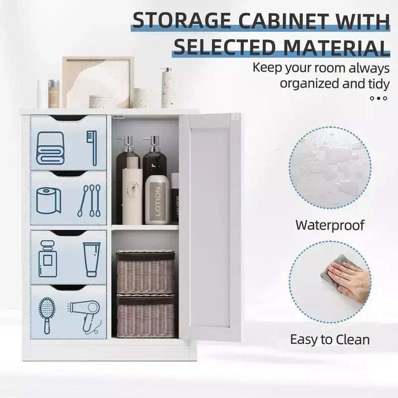 Celebalcony Multipurpose Bathroom Floor Cabinet, Freestanding Storage Organizer with 4 Drawers & Single Door, Adjustable Shelf, for Home Office