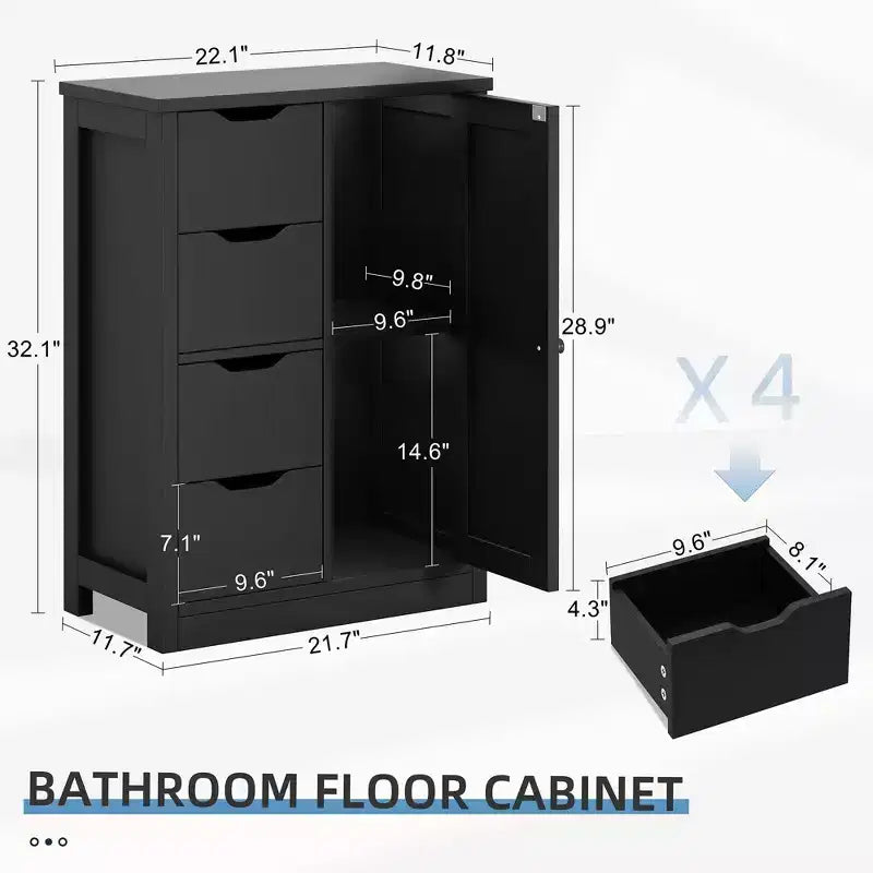 Celebalcony Multipurpose Bathroom Floor Cabinet, Freestanding Storage Organizer with 4 Drawers & Single Door, Adjustable Shelf, for Home Office