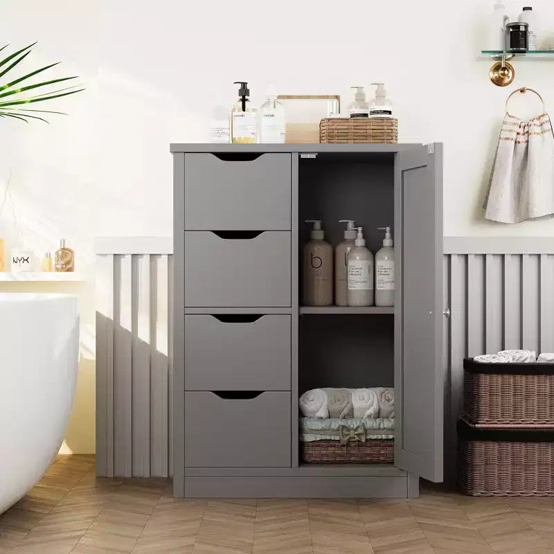 Celebalcony Multipurpose Bathroom Floor Cabinet, Freestanding Storage Organizer with 4 Drawers & Single Door, Adjustable Shelf, for Home Office