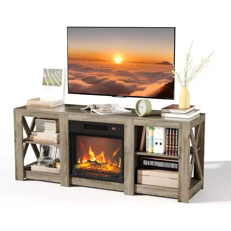 VINGLI Fireplace TV Stand for up to 70 inch TVs, Farmhouse Entertainment Center with Electric Fireplace Heater & Adjustable Shelves