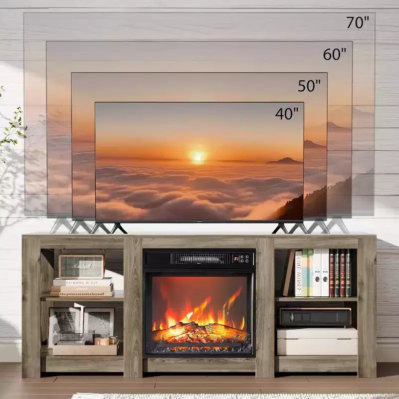 VINGLI Fireplace TV Stand for up to 70 inch TVs, Farmhouse Entertainment Center with Electric Fireplace Heater & Adjustable Shelves