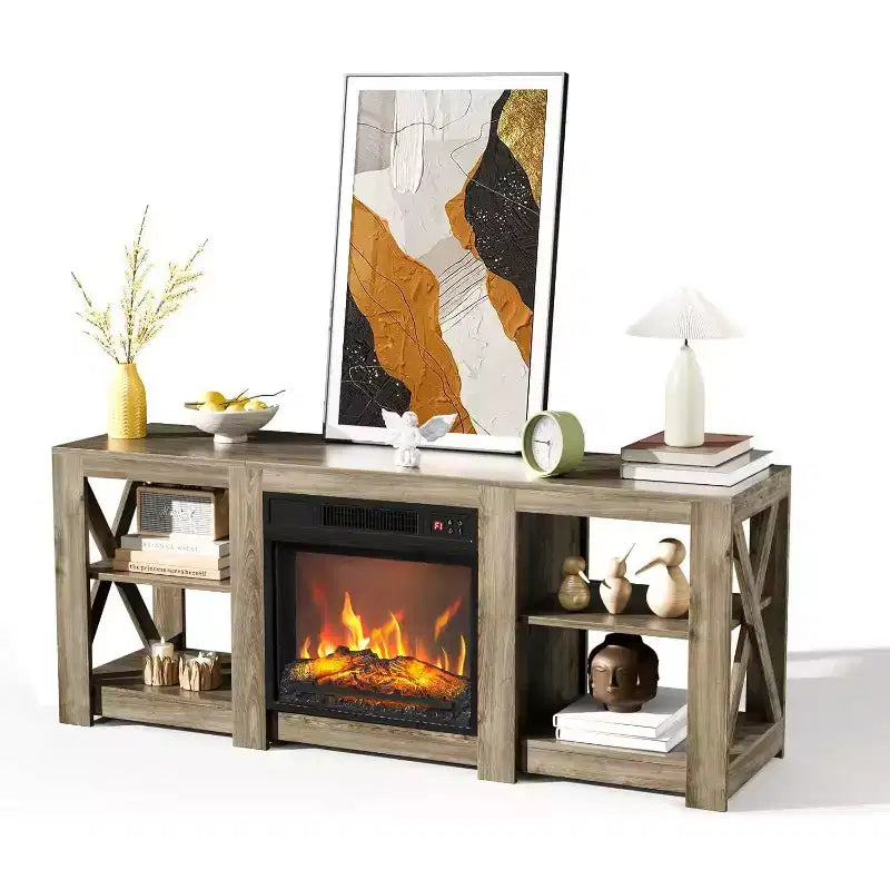 VINGLI Fireplace TV Stand for up to 70 inch TVs, Farmhouse Entertainment Center with Electric Fireplace Heater & Adjustable Shelves