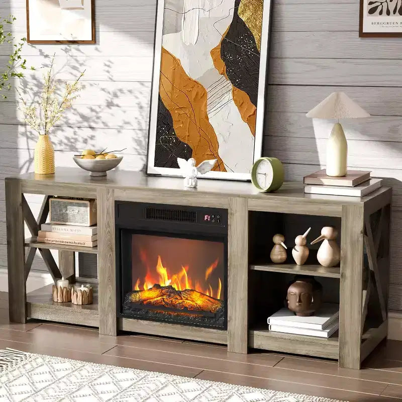 VINGLI Fireplace TV Stand for up to 70 inch TVs, Farmhouse Entertainment Center with Electric Fireplace Heater & Adjustable Shelves