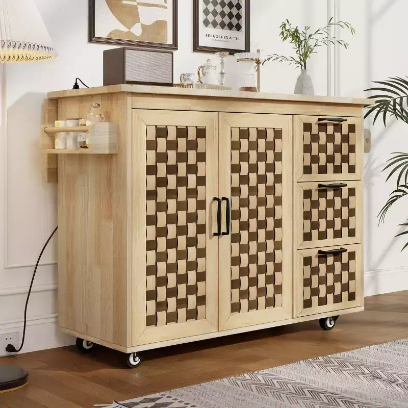 Okak Farmhouse Fluted Kitchen Island with Drop Leaf, Rolling Kitchen Island with Internal Storage Rack, Kitchen Cart for Kitchen, Dining Room