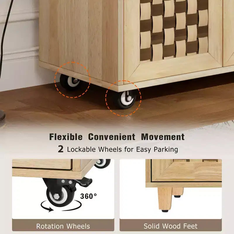 Okak Farmhouse Fluted Kitchen Island with Drop Leaf, Rolling Kitchen Island with Internal Storage Rack, Kitchen Cart for Kitchen, Dining Room