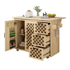 Okak Farmhouse Fluted Kitchen Island with Drop Leaf, Rolling Kitchen Island with Internal Storage Rack, Kitchen Cart for Kitchen, Dining Room