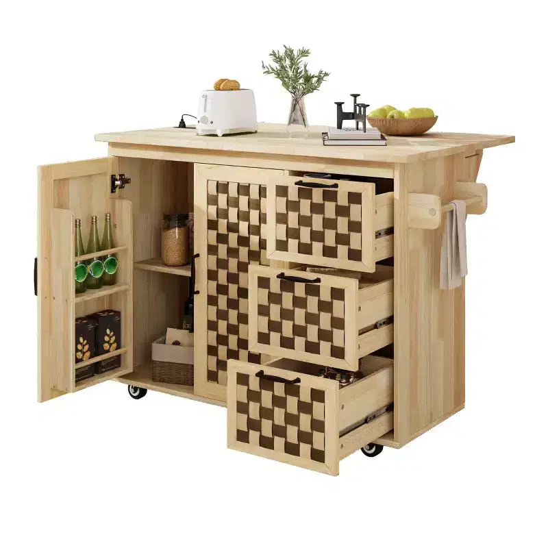 Okak Farmhouse Fluted Kitchen Island with Drop Leaf, Rolling Kitchen Island with Internal Storage Rack, Kitchen Cart for Kitchen, Dining Room