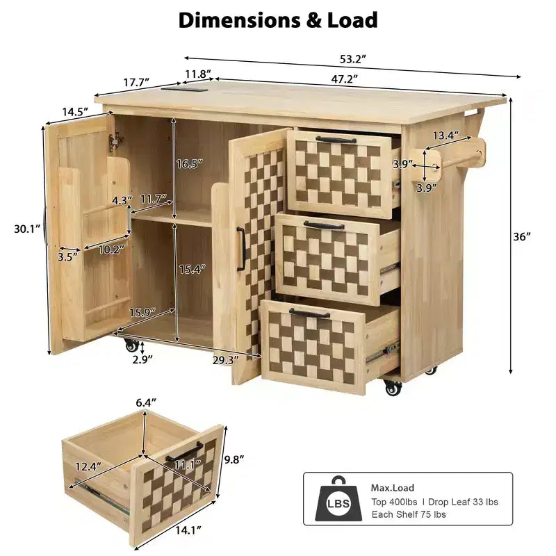 Okak Farmhouse Fluted Kitchen Island with Drop Leaf, Rolling Kitchen Island with Internal Storage Rack, Kitchen Cart for Kitchen, Dining Room