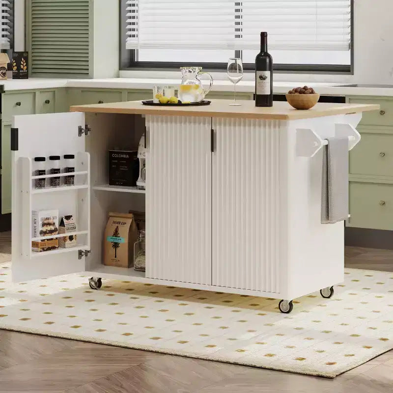 Okak Farmhouse Fluted Kitchen Island with Drop Leaf, Rolling Kitchen Island with Internal Storage Rack, Kitchen Cart for Kitchen, Dining Room
