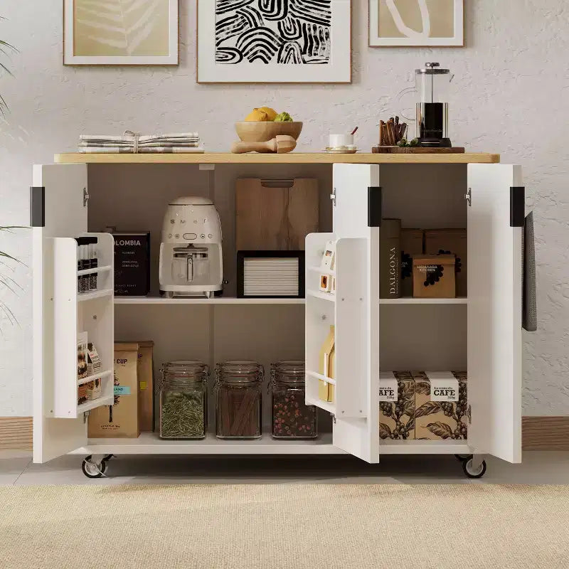 Okak Farmhouse Fluted Kitchen Island with Drop Leaf, Rolling Kitchen Island with Internal Storage Rack, Kitchen Cart for Kitchen, Dining Room