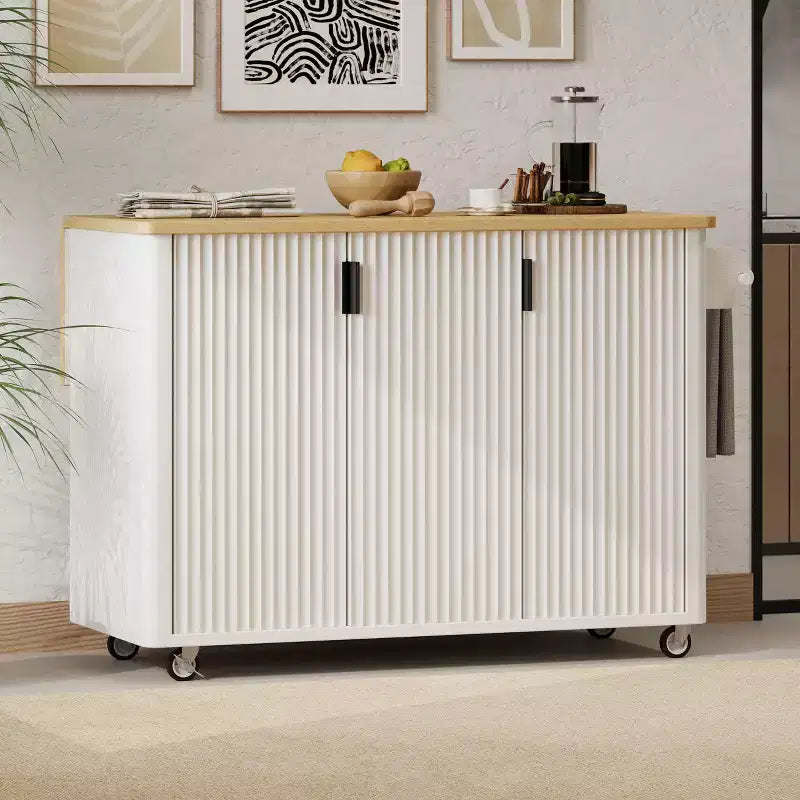 Okak Farmhouse Fluted Kitchen Island with Drop Leaf, Rolling Kitchen Island with Internal Storage Rack, Kitchen Cart for Kitchen, Dining Room