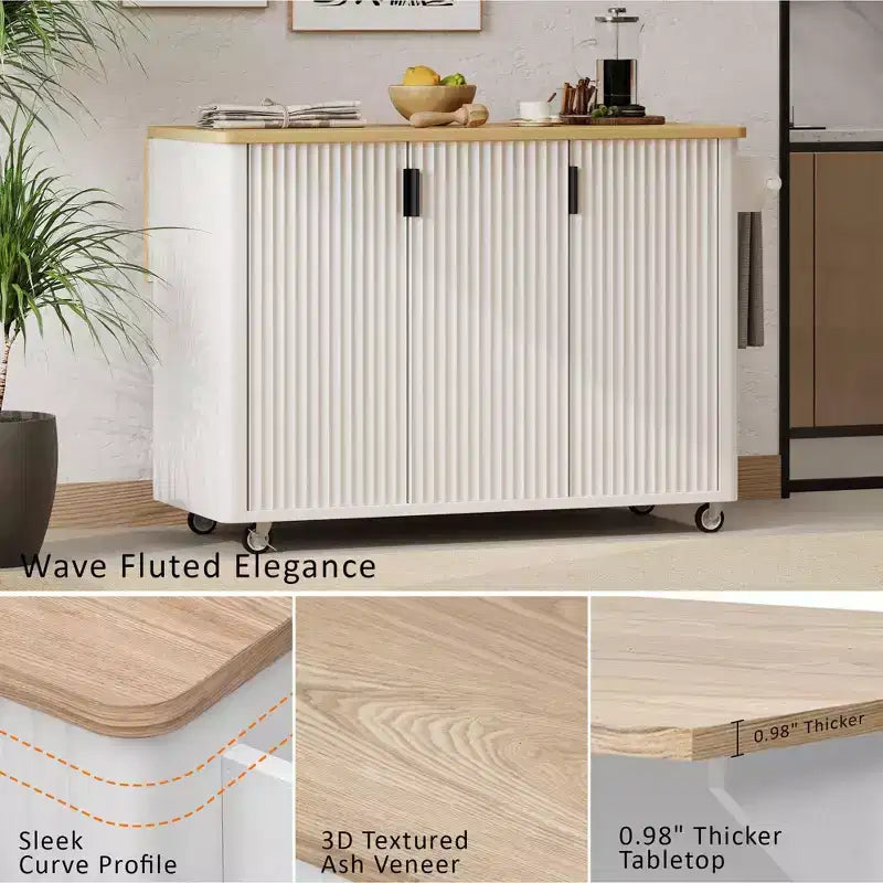 Okak Farmhouse Fluted Kitchen Island with Drop Leaf, Rolling Kitchen Island with Internal Storage Rack, Kitchen Cart for Kitchen, Dining Room