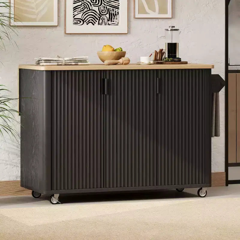 Okak Farmhouse Fluted Kitchen Island with Drop Leaf, Rolling Kitchen Island with Internal Storage Rack, Kitchen Cart for Kitchen, Dining Room