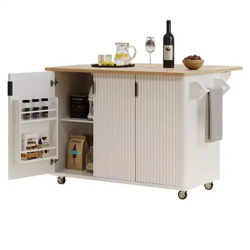 Okak Farmhouse Fluted Kitchen Island with Drop Leaf, Rolling Kitchen Island with Internal Storage Rack, Kitchen Cart for Kitchen, Dining Room