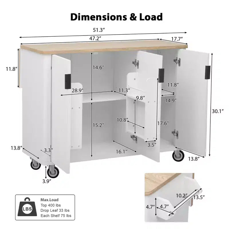Okak Farmhouse Fluted Kitchen Island with Drop Leaf, Rolling Kitchen Island with Internal Storage Rack, Kitchen Cart for Kitchen, Dining Room