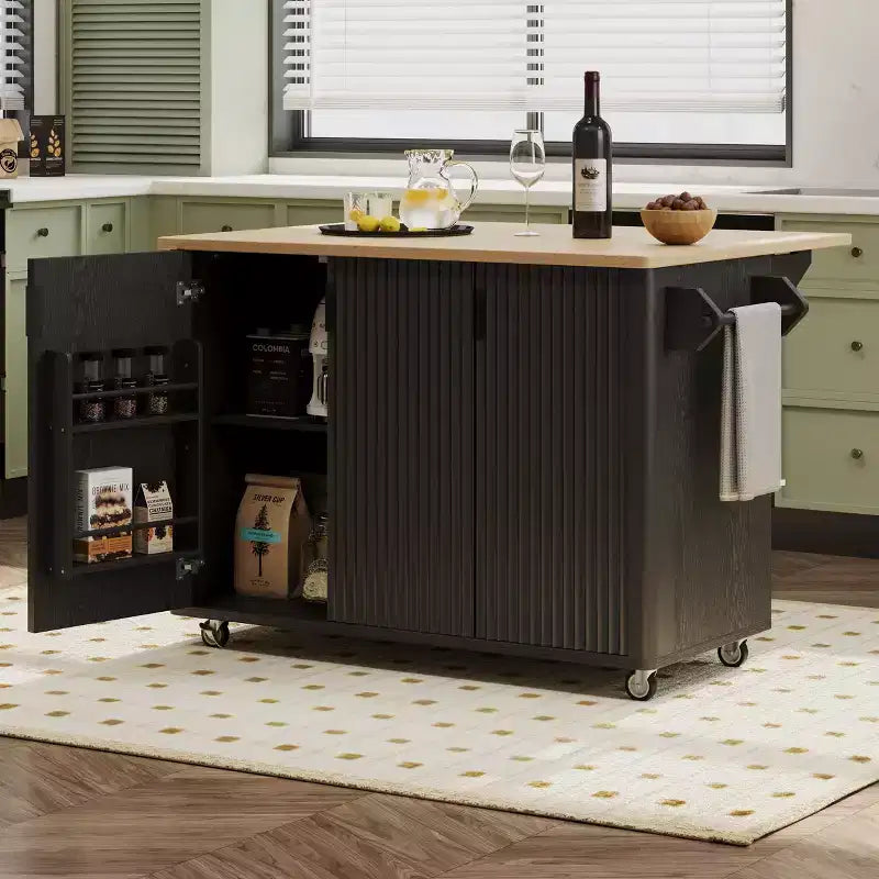 Okak Farmhouse Fluted Kitchen Island with Drop Leaf, Rolling Kitchen Island with Internal Storage Rack, Kitchen Cart for Kitchen, Dining Room