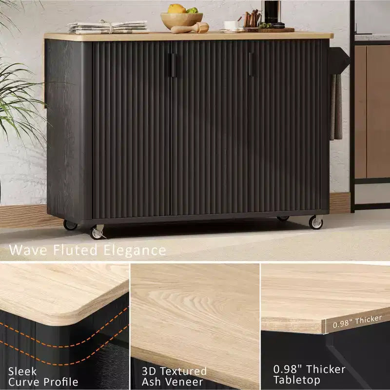 Okak Farmhouse Fluted Kitchen Island with Drop Leaf, Rolling Kitchen Island with Internal Storage Rack, Kitchen Cart for Kitchen, Dining Room