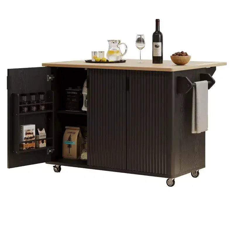Okak Farmhouse Fluted Kitchen Island with Drop Leaf, Rolling Kitchen Island with Internal Storage Rack, Kitchen Cart for Kitchen, Dining Room