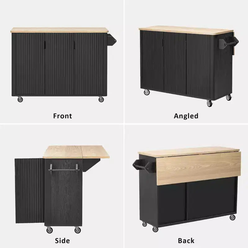 Okak Farmhouse Fluted Kitchen Island with Drop Leaf, Rolling Kitchen Island with Internal Storage Rack, Kitchen Cart for Kitchen, Dining Room