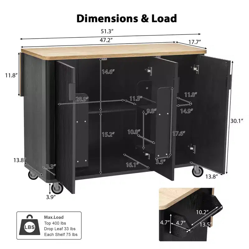 Okak Farmhouse Fluted Kitchen Island with Drop Leaf, Rolling Kitchen Island with Internal Storage Rack, Kitchen Cart for Kitchen, Dining Room