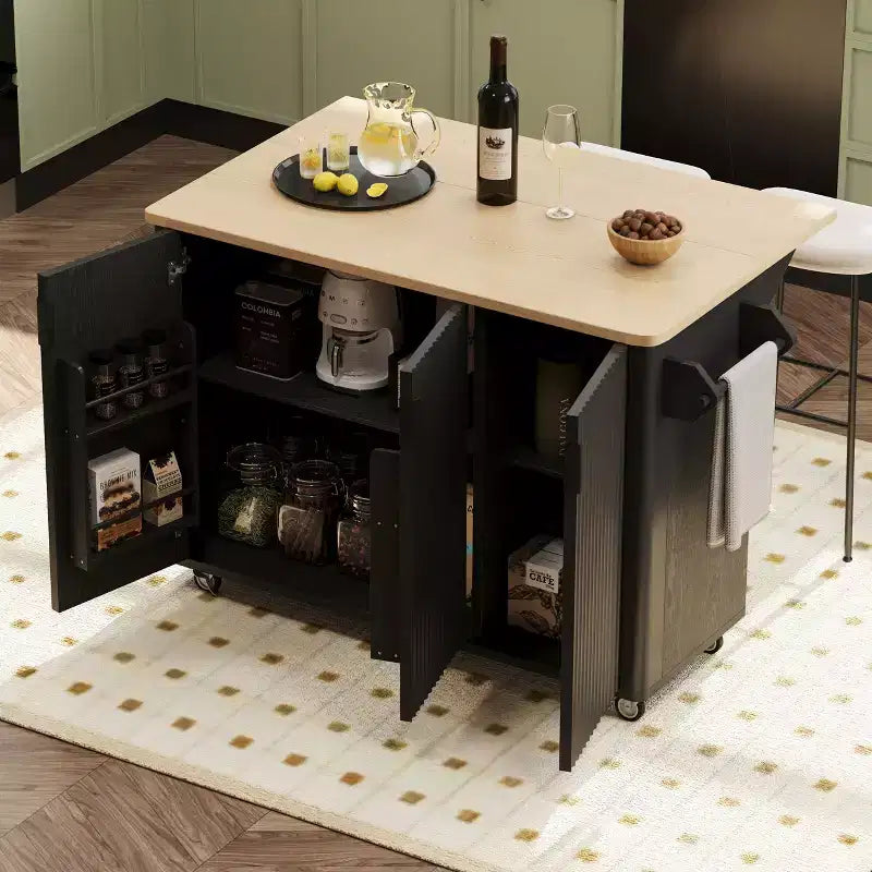 Okak Farmhouse Fluted Kitchen Island with Drop Leaf, Rolling Kitchen Island with Internal Storage Rack, Kitchen Cart for Kitchen, Dining Room