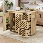 Okak Farmhouse Fluted Kitchen Island with Drop Leaf, Rolling Kitchen Island with Internal Storage Rack, Kitchen Cart for Kitchen, Dining Room
