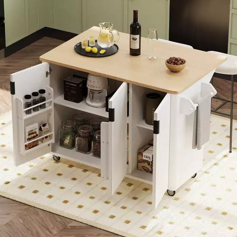 Okak Farmhouse Fluted Kitchen Island with Drop Leaf, Rolling Kitchen Island with Internal Storage Rack, Kitchen Cart for Kitchen, Dining Room
