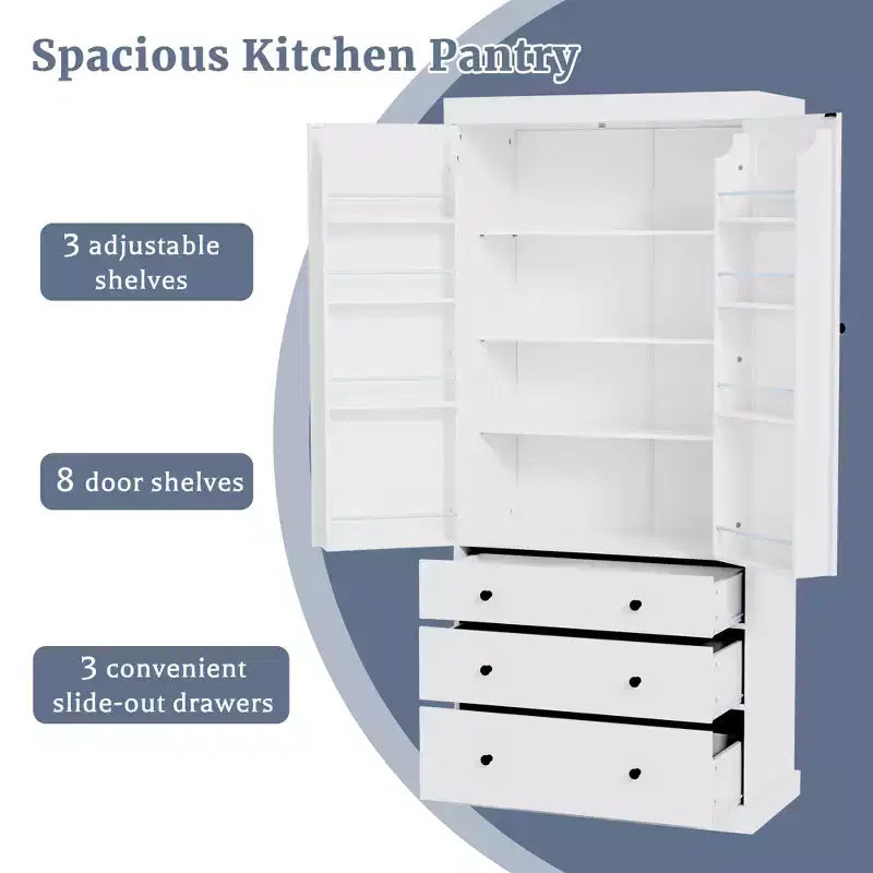 High Freestanding Kitchen Pantry Large Storage Cabinet with 3 Drawers, 3 Adjustable Shelves, 8 Door Shelves for Kitchen
