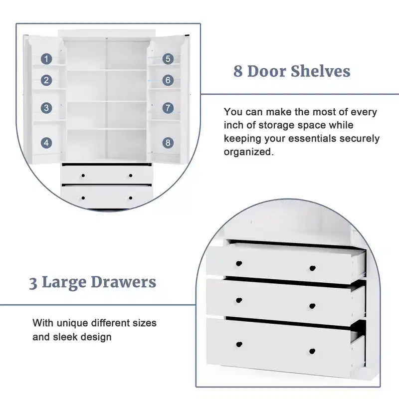 High Freestanding Kitchen Pantry Large Storage Cabinet with 3 Drawers, 3 Adjustable Shelves, 8 Door Shelves for Kitchen