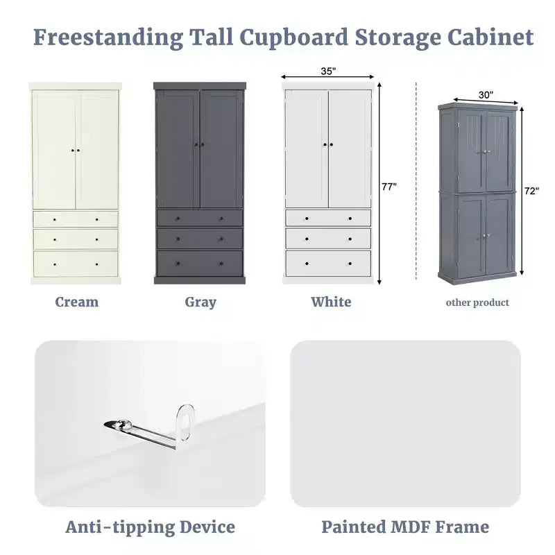 High Freestanding Kitchen Pantry Large Storage Cabinet with 3 Drawers, 3 Adjustable Shelves, 8 Door Shelves for Kitchen