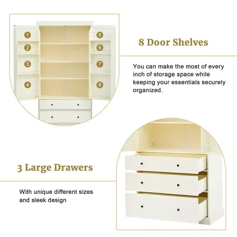 High Freestanding Kitchen Pantry Large Storage Cabinet with 3 Drawers, 3 Adjustable Shelves, 8 Door Shelves for Kitchen