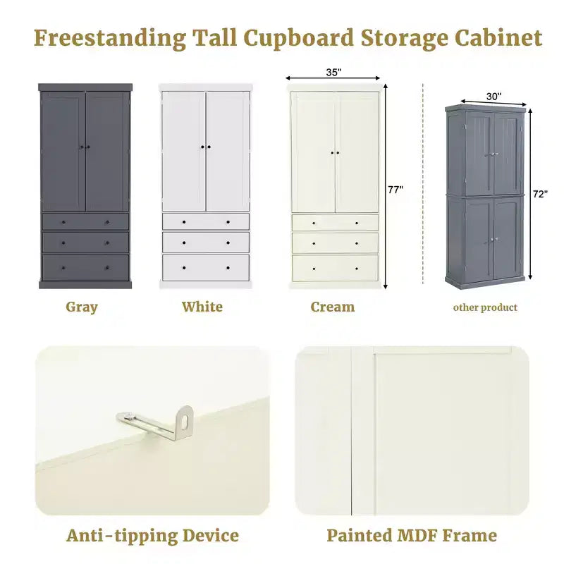 High Freestanding Kitchen Pantry Large Storage Cabinet with 3 Drawers, 3 Adjustable Shelves, 8 Door Shelves for Kitchen