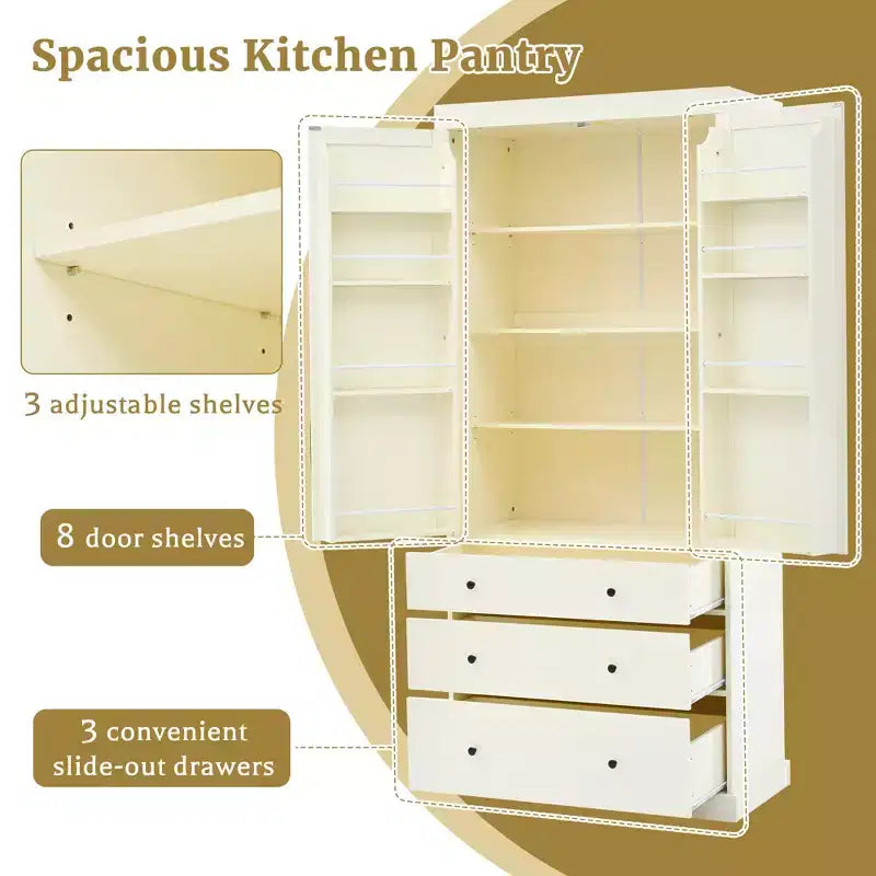 High Freestanding Kitchen Pantry Large Storage Cabinet with 3 Drawers, 3 Adjustable Shelves, 8 Door Shelves for Kitchen