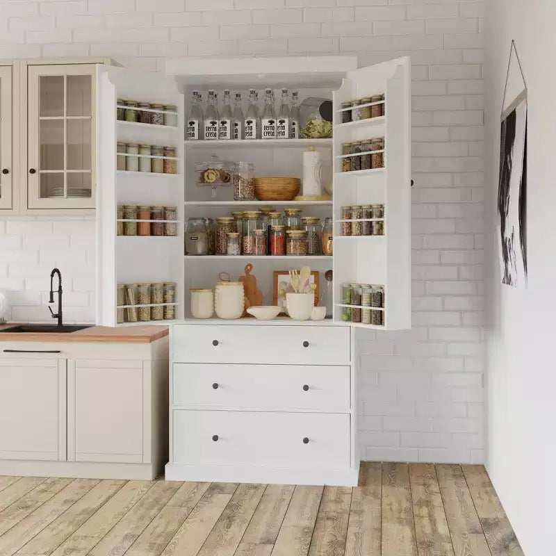 High Freestanding Kitchen Pantry Large Storage Cabinet with 3 Drawers, 3 Adjustable Shelves, 8 Door Shelves for Kitchen