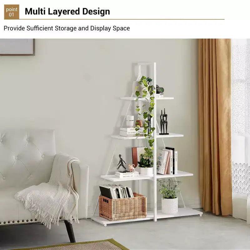4-Tier Ladder Bookshelf, Versatile A-Shaped Bookcase, Tall Ladder Storage Organizer,Industrial Metal Frame Display Shelf for Living Room, Home Office