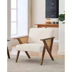 Modern Accent Chair with Wood Legs, Linen Upholstered Lounge Armchair for Living Room and Bedroom