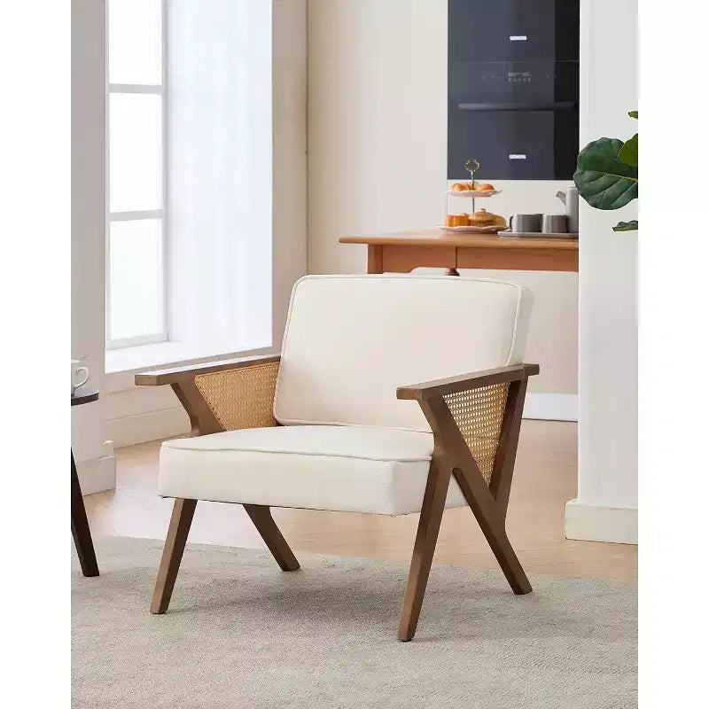 Modern Accent Chair with Wood Legs, Linen Upholstered Lounge Armchair for Living Room and Bedroom