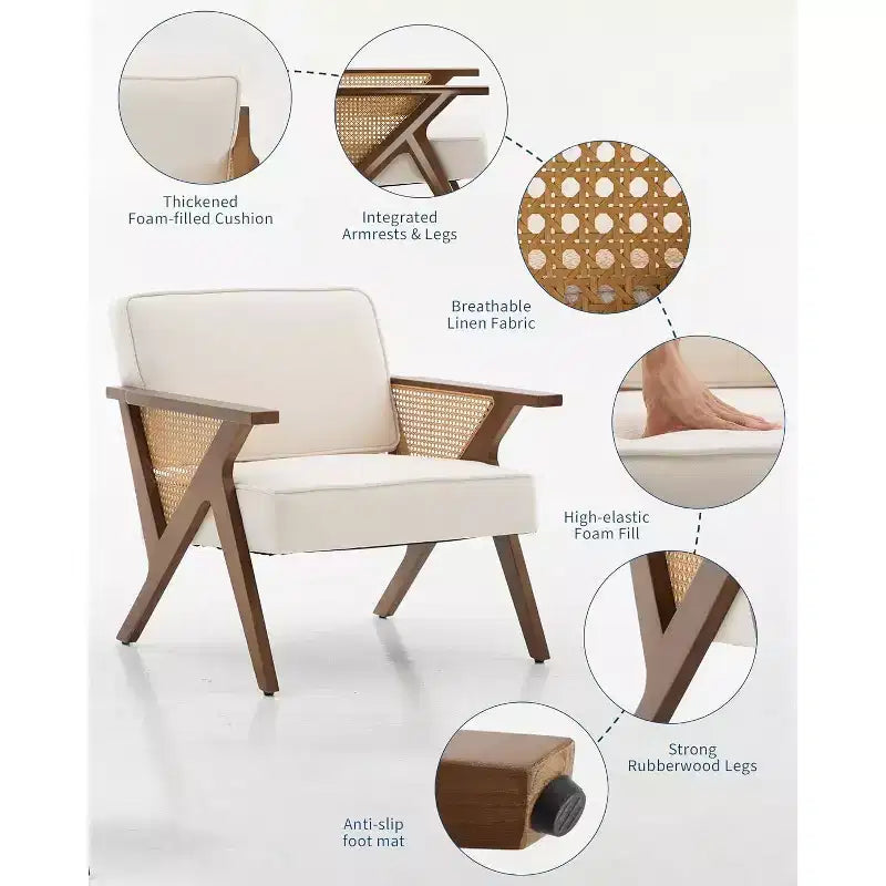 Modern Accent Chair with Wood Legs, Linen Upholstered Lounge Armchair for Living Room and Bedroom