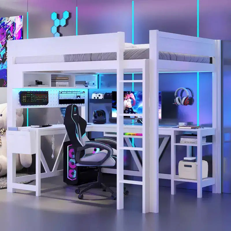GDFStudio Harry Wood Full Size Gaming Loft Bed with Desk and Storage Shelves