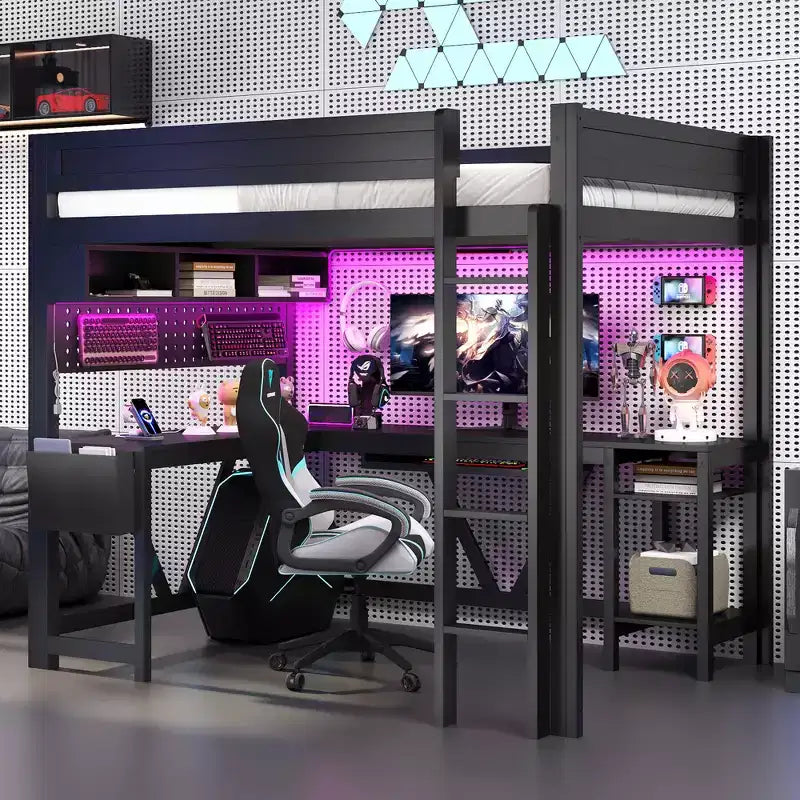 GDFStudio Harry Wood Full Size Gaming Loft Bed with Desk and Storage Shelves