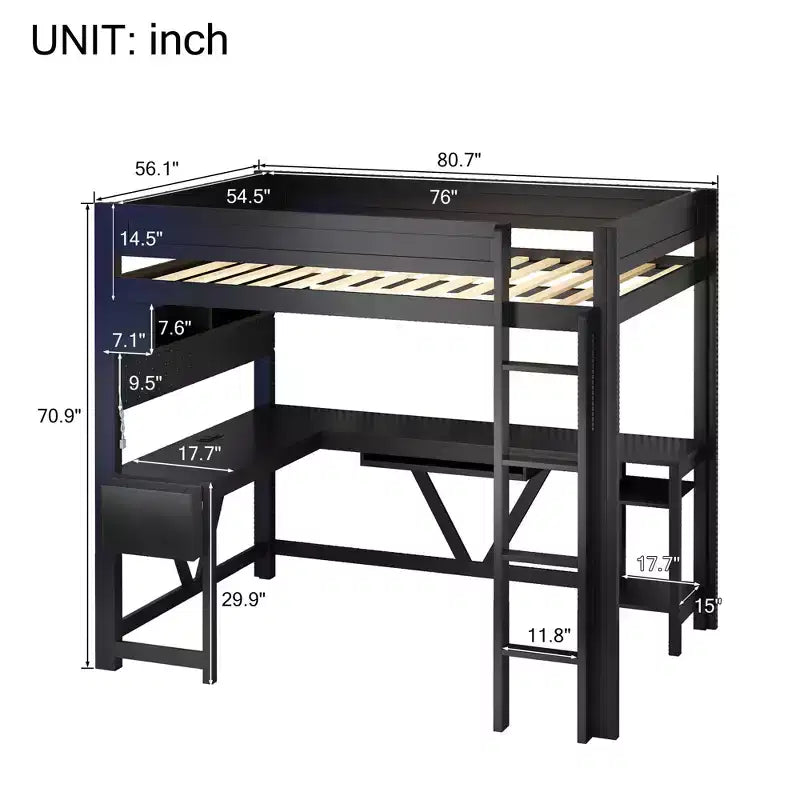 GDFStudio Harry Wood Full Size Gaming Loft Bed with Desk and Storage Shelves